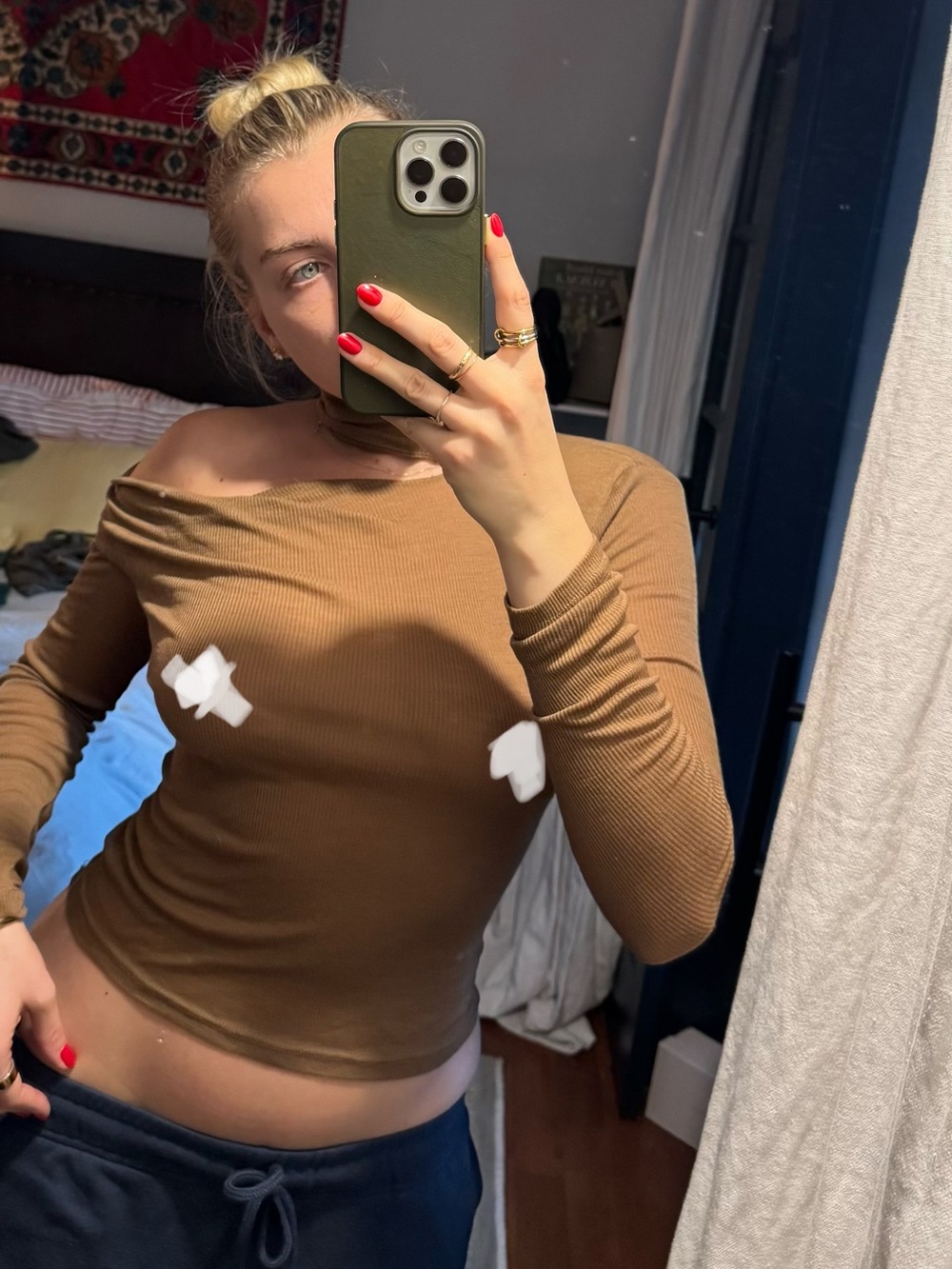 bec + bridge Brown Ribbed Off-Shoulder Long Sleeve Top